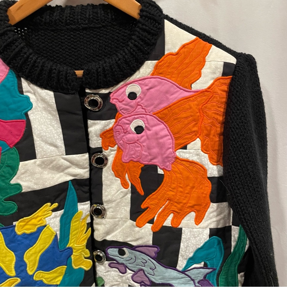 Fab fish quilted front sweater chunky button hand made oversized cardigan - Picture 5 of 12